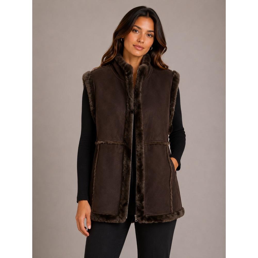 Reversible Faux Fur Knit Vest Chocolate Brown Zip Up Mock‎ Neck Women L